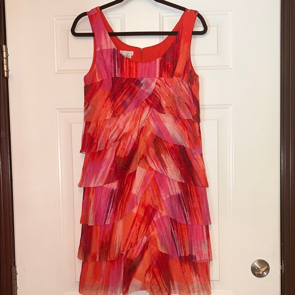 London Times Sleeveless Dress 8 Multicolor Ruffle Chiffon Layered Lined Feminine